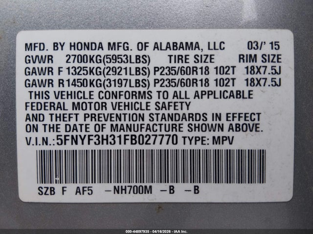 Продаж на аукціоні авто 2015 Honda Pilot Se, vin: 5FNYF3H31FB027770, номер лоту: 44897935