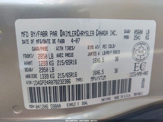 Aukcja sprzedaży 2007 Dodge Grand Caravan, vin: 1D4GP24R07B232386, numer aukcji: 44897944