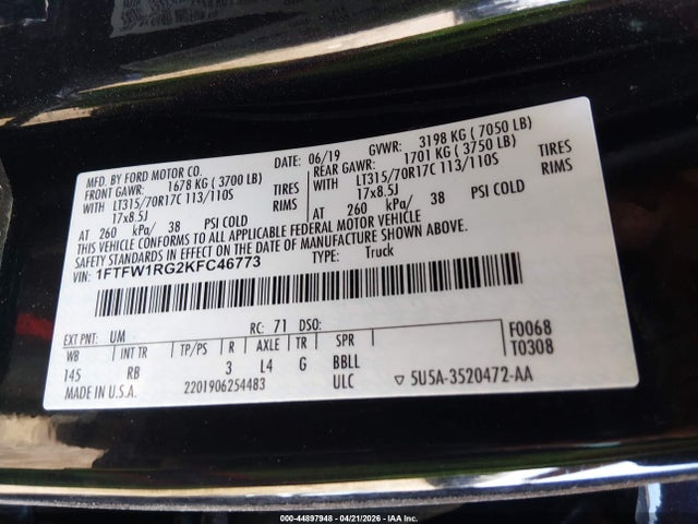 2019 Ford F-150 Raptor მანქანა იყიდება აუქციონზე, vin: 1FTFW1RG2KFC46773, აუქციონის ნომერი: 44897948