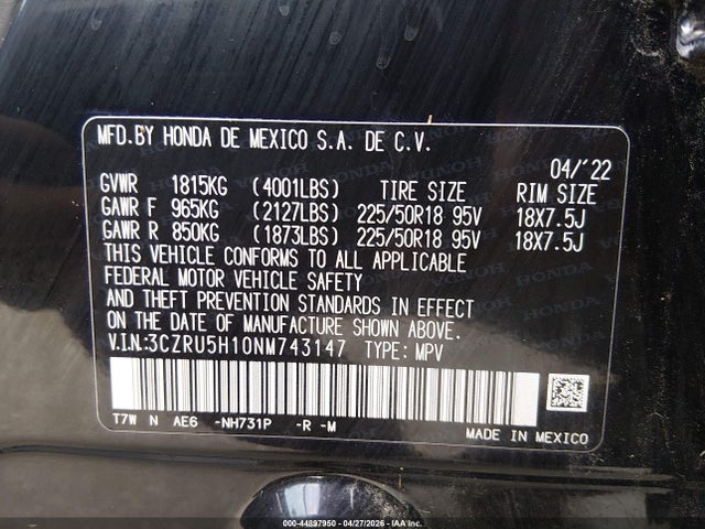 Продажа на аукционе авто 2022 Honda Hr-v 2wd Sport, vin: 3CZRU5H10NM743147, номер лота: 44897950