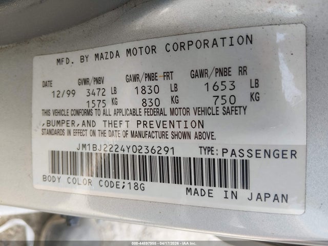 Продаж на аукціоні авто 2000 Mazda Protege Dx/lx, vin: JM1BJ2224Y0236291, номер лоту: 44897955