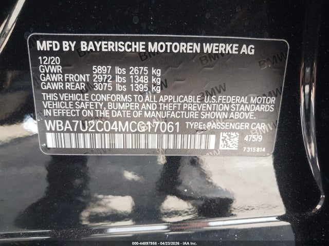 Продаж на аукціоні авто 2021 Bmw 750i Xdrive, vin: WBA7U2C04MCG17061, номер лоту: 44897958