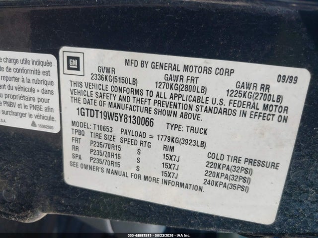 44897971 :رقم المزاد ، 1GTDT19W5Y8130066 vin ، 2000 Gmc Sonoma Sls مزاد بيع