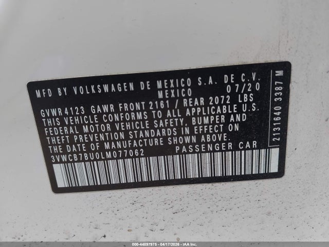44897975 :رقم المزاد ، 3VWCB7BU0LM077062 vin ، 2020 Volkswagen Jetta 1.4t R-line/1.4t S/1.4t Se مزاد بيع