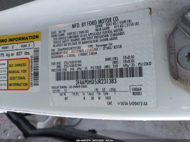 Продажа на аукционе авто 2018 Ford Fusion Se, vin: 3FA6P0HD5JR231383, номер лота: 44897978