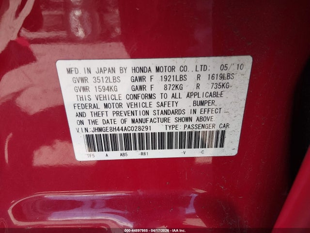 2010 Honda Fit Sport მანქანა იყიდება აუქციონზე, vin: JHMGE8H44AC028291, აუქციონის ნომერი: 44897985