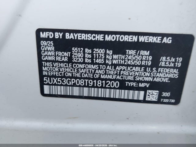 2026 Bmw X3 30 Xdrive მანქანა იყიდება აუქციონზე, vin: 5UX53GP08T9181200, აუქციონის ნომერი: 44898005