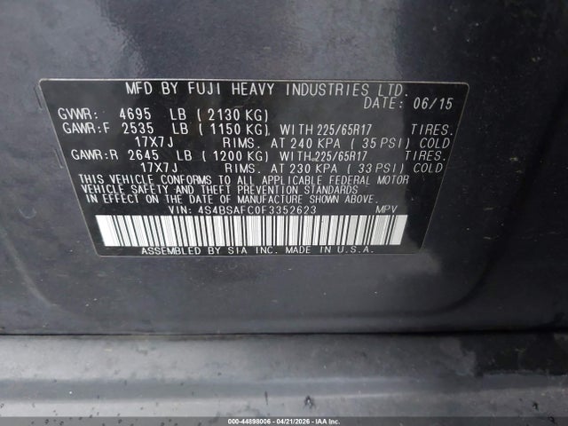Aukcja sprzedaży 2015 Subaru Outback 2.5i Premium, vin: 4S4BSAFC0F3352623, numer aukcji: 44898006