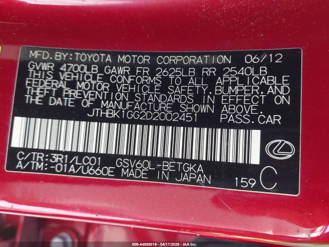 44898016 :رقم المزاد ، JTHBK1GG2D2002451 vin ، 2013 Lexus Es 350 مزاد بيع