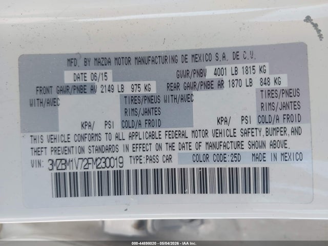 44898020 :رقم المزاد ، 3MZBM1V72FM230019 vin ، 2015 Mazda Mazda3 I Touring مزاد بيع