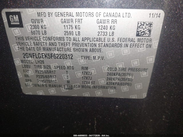 Продажа на аукционе авто 2015 Chevrolet Equinox 2lt, vin: 2GNFLGEK5F6220312, номер лота: 44898033
