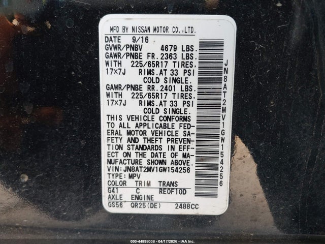 Aukcja sprzedaży 2016 Nissan Rogue S, vin: JN8AT2MV1GW154256, numer aukcji: 44898038
