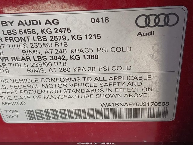 Aukcja sprzedaży 2018 Audi Q5 2.0t Premium/2.0t Tech Premium, vin: WA1BNAFY6J2178508, numer aukcji: 44898039