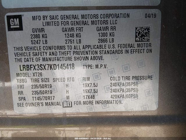 Aukcja sprzedaży 2019 Buick Envision Awd Premium I, vin: LRBFX3SX7KD145418, numer aukcji: 44898062