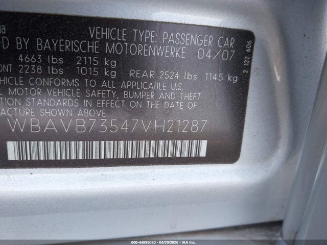 Продаж на аукціоні авто 2007 Bmw 335i, vin: WBAVB73547VH21287, номер лоту: 44898063
