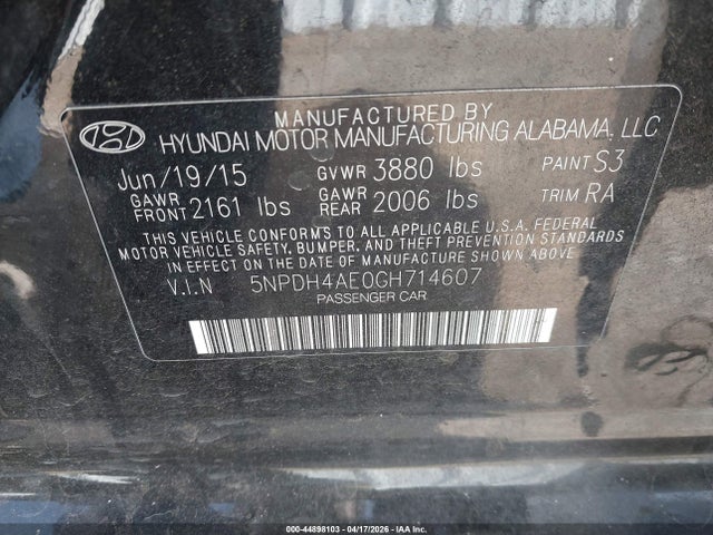 2016 Hyundai Elantra Se მანქანა იყიდება აუქციონზე, vin: 5NPDH4AE0GH714607, აუქციონის ნომერი: 44898103