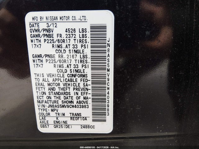 Aukcja sprzedaży 2012 Nissan Rogue Sv, vin: JN8AS5MV9CW403983, numer aukcji: 44898105