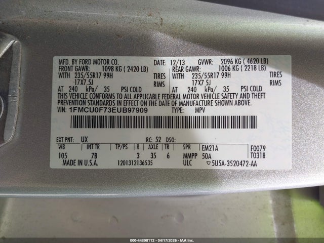 Aukcja sprzedaży 2014 Ford Escape S, vin: 1FMCU0F73EUB97909, numer aukcji: 44898112