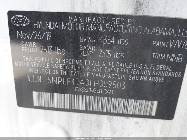 Aukcja sprzedaży 2020 Hyundai Sonata Sel, vin: 5NPEF4JA0LH009503, numer aukcji: 44898117