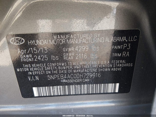 Aukcja sprzedaży 2013 Hyundai Sonata Gls, vin: 5NPEB4AC0DH729916, numer aukcji: 44898122