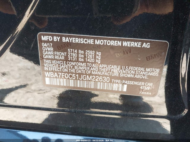 Продажа на аукционе авто 2018 Bmw 750i, vin: WBA7F0C51JGM22630, номер лота: 44898123