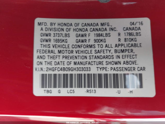 Продажа на аукционе авто 2016 Honda Civic Lx-p, vin: 2HGFC4B09GH303033, номер лота: 44898125