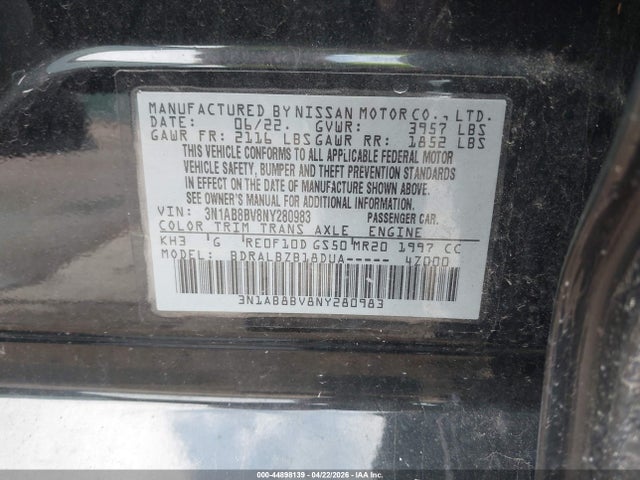 Продаж на аукціоні авто 2022 Nissan Sentra S Xtronic Cvt, vin: 3N1AB8BV8NY280983, номер лоту: 44898139