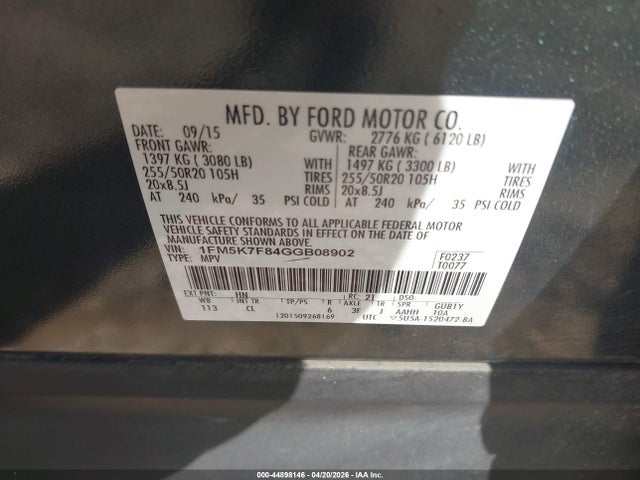 44898146 :رقم المزاد ، 1FM5K7F84GGB08902 vin ، 2016 Ford Explorer Limited مزاد بيع