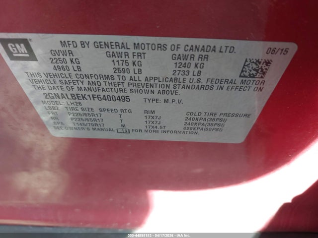 44898183 :رقم المزاد ، 2GNALBEK1F6400495 vin ، 2015 Chevrolet Equinox 1lt مزاد بيع