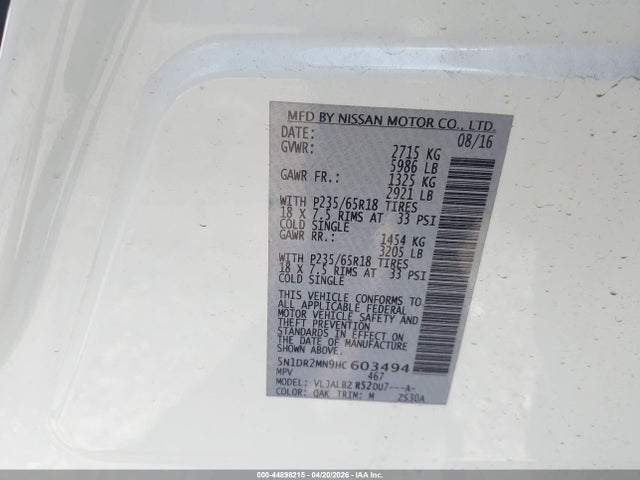 44898215 :رقم المزاد ، 5N1DR2MN9HC603494 vin ، 2017 Nissan Pathfinder S مزاد بيع