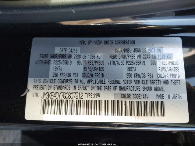 2016 Mazda Cx-5 Grand Touring მანქანა იყიდება აუქციონზე, vin: JM3KE4DY7G0807912, აუქციონის ნომერი: 44898223
