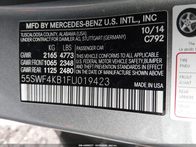 Aukcja sprzedaży 2015 Mercedes-benz C 300 4matic, vin: 55SWF4KB1FU019423, numer aukcji: 44898227