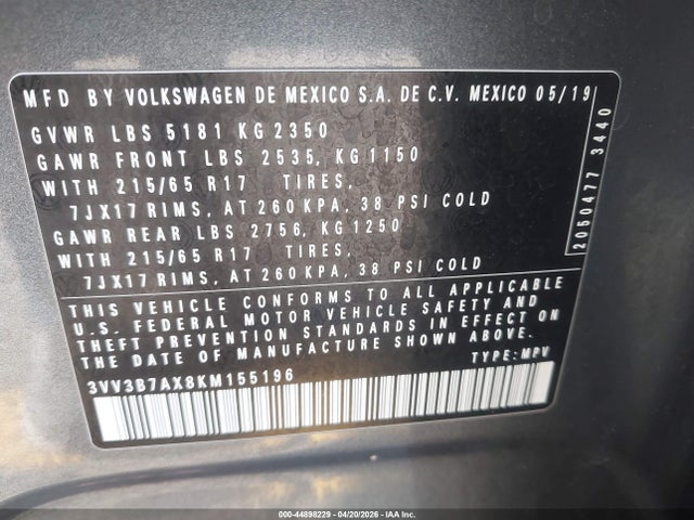 Продаж на аукціоні авто 2019 Volkswagen Tiguan 2.0t Se/2.0t Sel/2.0t Sel R-line/2.0t Sel R-line Black, vin: 3VV3B7AX8KM155196, номер лоту: 44898229