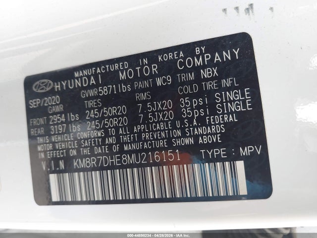 2021 Hyundai Palisade Calligraphy მანქანა იყიდება აუქციონზე, vin: KM8R7DHE8MU216151, აუქციონის ნომერი: 44898234
