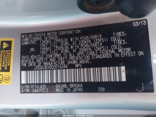 Aukcja sprzedaży 2013 Toyota Highlander Hybrid Limited V6, vin: JTEDC3EH2D2016344, numer aukcji: 44898236