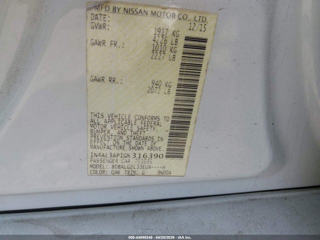 Aukcja sprzedaży 2016 Nissan Altima 2.5 S, vin: 1N4AL3AP1GN316390, numer aukcji: 44898246