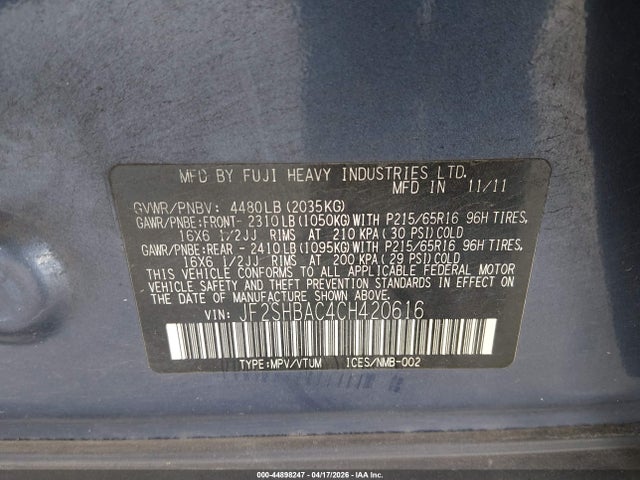 Aukcja sprzedaży 2012 Subaru Forester 2.5x, vin: JF2SHBAC4CH420616, numer aukcji: 44898247