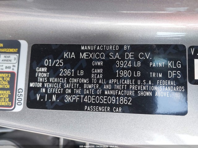 2025 Kia K4 Lxs მანქანა იყიდება აუქციონზე, vin: 3KPFT4DE0SE091862, აუქციონის ნომერი: 44898255