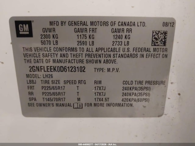 Aukcja sprzedaży 2013 Chevrolet Equinox 1lt, vin: 2GNFLEEK0D6123102, numer aukcji: 44898277