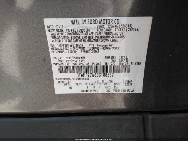 2011 Ford Taurus Sel მანქანა იყიდება აუქციონზე, vin: 1FAHP2EW6BG188532, აუქციონის ნომერი: 44898285
