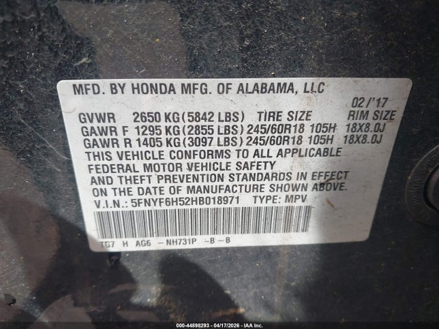 Honda Pilot Ex-l 2017 5FNYF6H52HB018971 Image 9