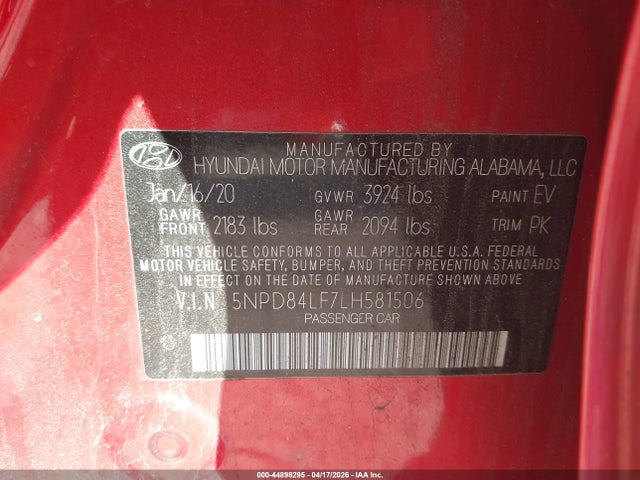 5NPD84LF7LH581506 Hyundai ELANTRA SEL