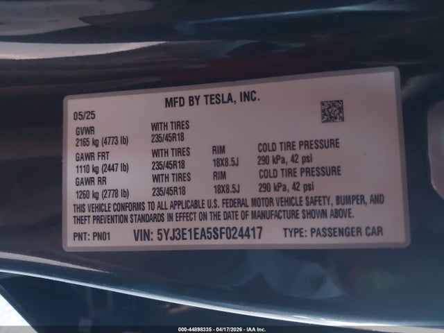 Aukcja sprzedaży 2025 Tesla Model 3 Long Range Rear-wheel Drive/standard Rear-wheel Drive, vin: 5YJ3E1EA5SF024417, numer aukcji: 44898335