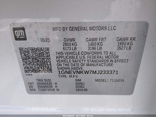 2021 Chevrolet Traverse Awd High Country მანქანა იყიდება აუქციონზე, vin: 1GNEVNKW7MJ233371, აუქციონის ნომერი: 44898340