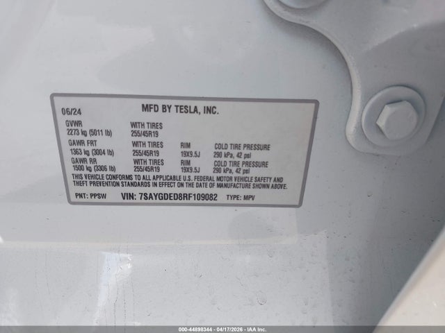Продаж на аукціоні авто 2024 Tesla Model Y Long Range Single Motor Rear-wheel Drive/rwd, vin: 7SAYGDED8RF109082, номер лоту: 44898344