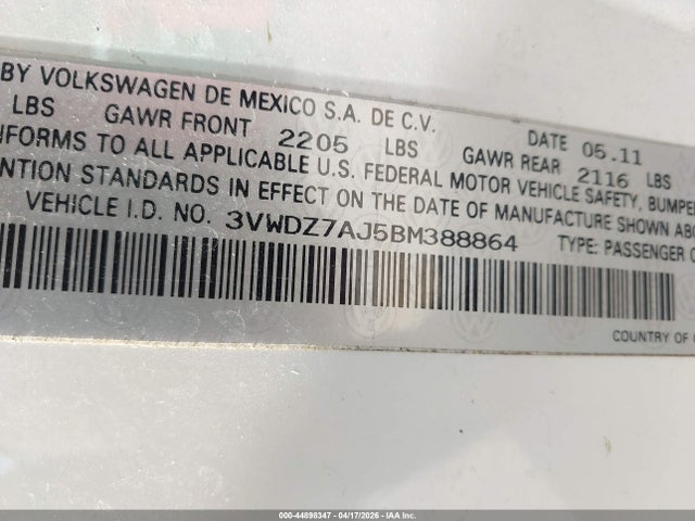 44898347 :رقم المزاد ، 3VWDZ7AJ5BM388864 vin ، 2011 Volkswagen Jetta 2.5l Se مزاد بيع