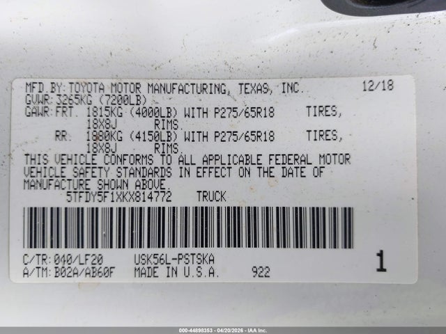 5TFDY5F1XKX814772 Toyota Tundra Trd Pro 5.7l V8