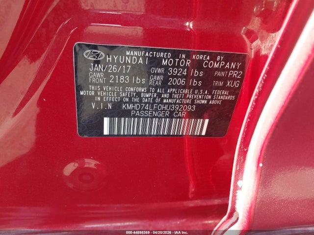 KMHD74LF0HU392093 Hyundai ELANTRA SE