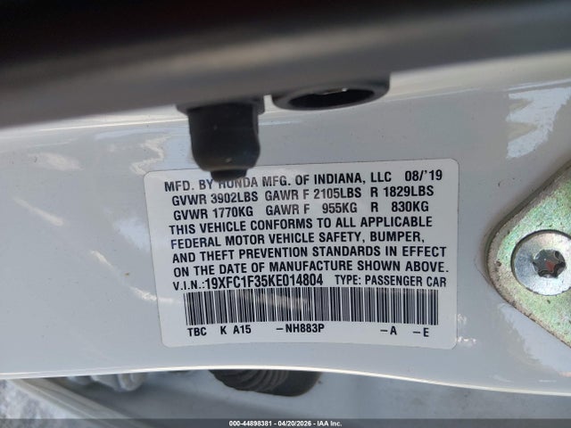 Продажа на аукционе авто 2019 Honda Civic Ex, vin: 19XFC1F35KE014804, номер лота: 44898381