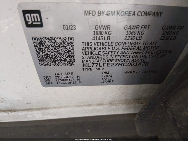 Aukcja sprzedaży 2024 Chevrolet Trax Fwd Sp, vin: KL77LFE27RC001478, numer aukcji: 44898384